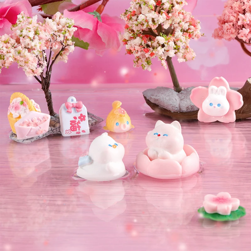 Cartoon Cherry Blossom Grassland Small Animals Miniature Figurine Ornament Micro Landscape Home Decoration Accessories Gifts