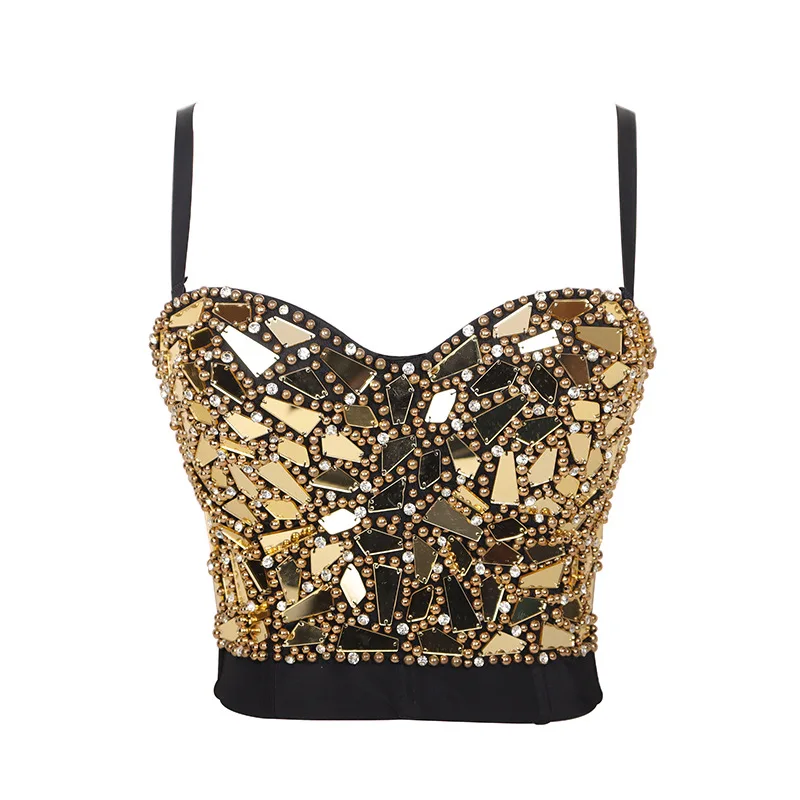 IRENE TINNIE-Women's Sequin Cropped Top, Rhinestone Pearl Tank Top, Glitter Bustier, Sexy Tops, Rave Festival Party Vest