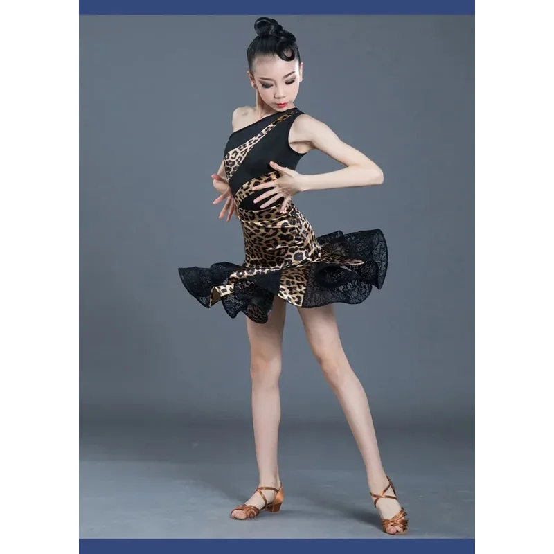 1 pcs/lot children sexy one shoulder leopard Latin dance dresses girls dress girl show performance ChaCha dancing dresss