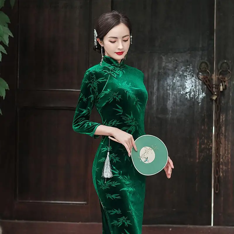 

New Chinese Style Vintage Qipao Velour Bamboo Leaf Printed Cheongsam Female Elegant Evening Party Gown Traditional Dress
