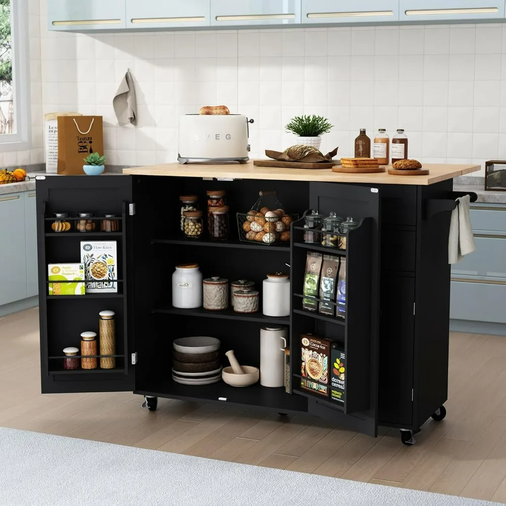 Kitchen Island, Rolling Island on Wheels with Drop Leaf Bar Countertop, Island Table with Side Open Spice Rack and Tower Rack