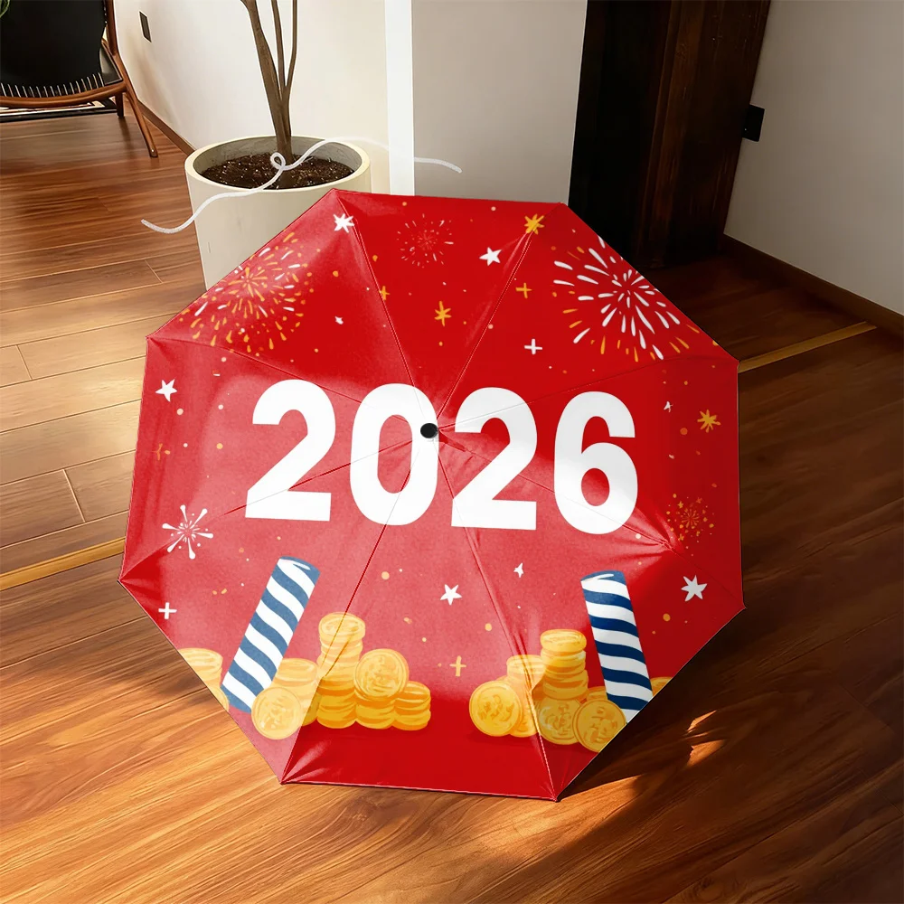 1 Festive Folding Umbrella | Durable Iron and Pongee Canopy with 2D Fireworks and Coins Print, Ideal for 2026 New Year Celebra - view 2