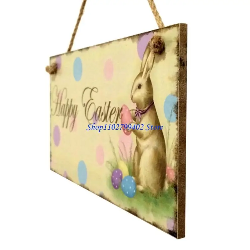 547F Happy Easter Wooden Door Hanging Plaque Eggs Chick Rabbit Bunny Ornament Sign Board Wall Decoration