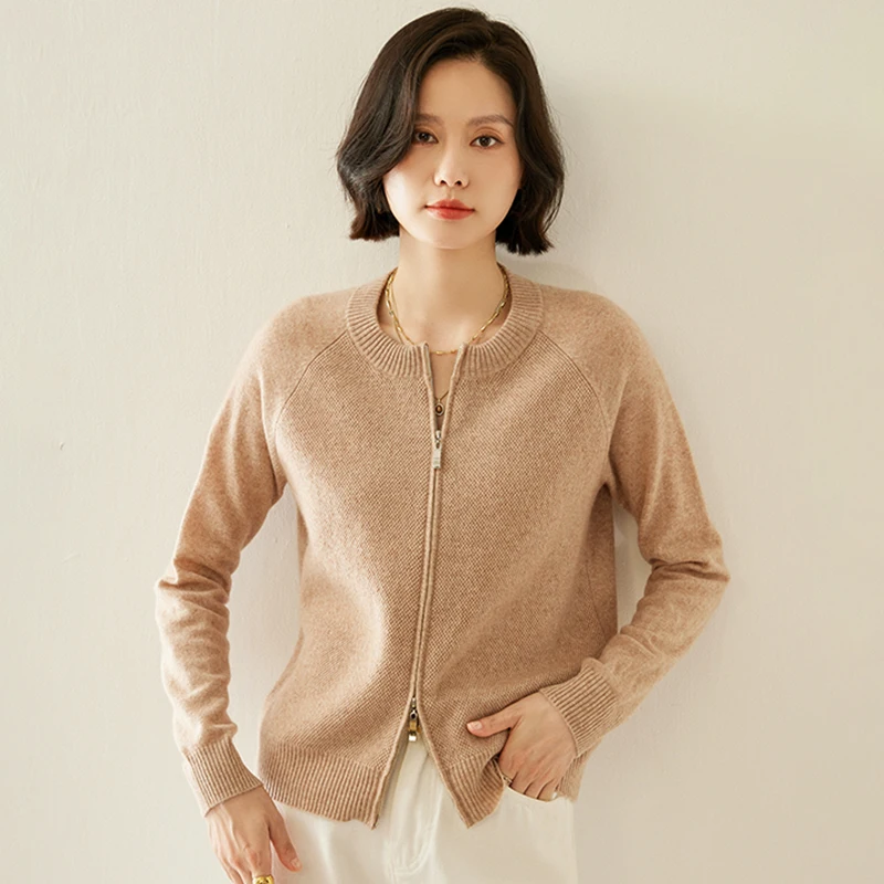 

Choice New 100% Cashmere Sweater For Women O-neck Zippers Casual Cardigans Autumn Winter Solid Soft Warm Coat Cashmere Knitwear