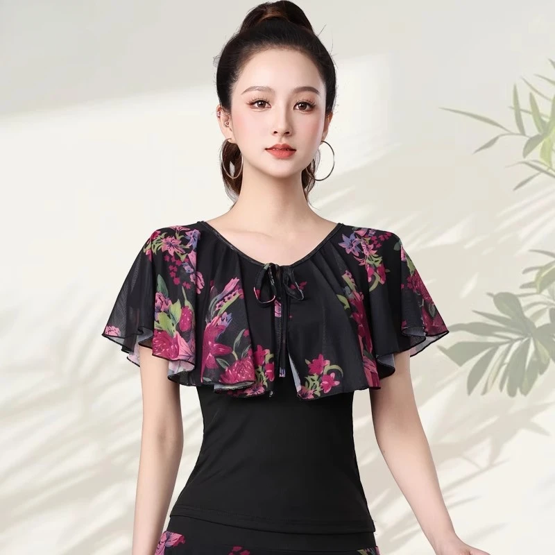 Women's Party Dress National Standard Fellowship Latin Dance Costumes Mesh Printed Short-sleeved Skirt Suit Elegant Dance Outfit image 3