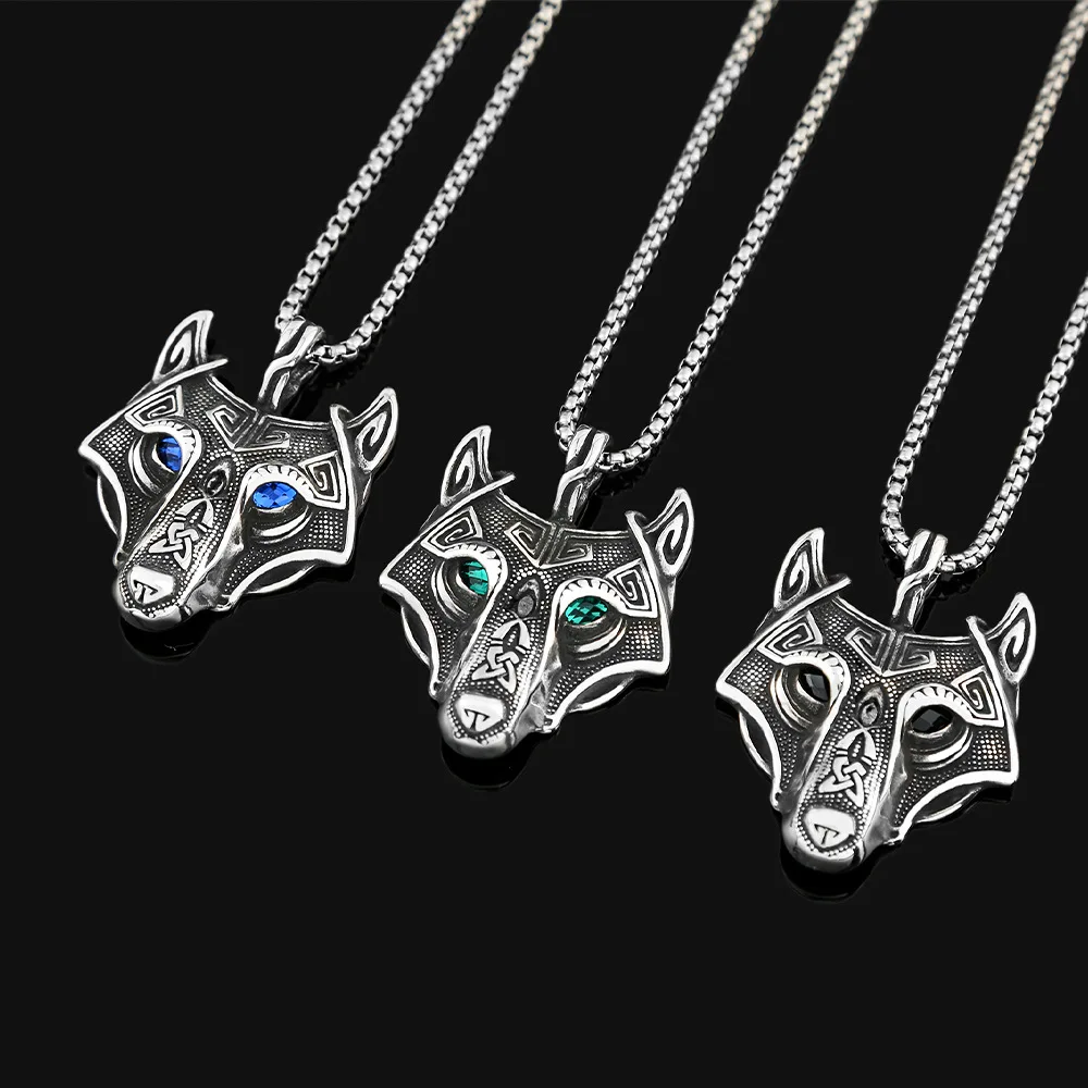 

Vintage Norse Mythology Viking Wolf Necklace Stainless Steel Fashion Stone Eyes Animal Pendant Male Jewelry Gift Dropshipping