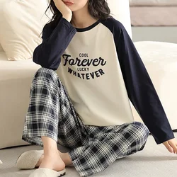 New Woman Pajamas Cotton Long Sleeves Plaid Pants Women Pijamas O-neck Ladies Pyjamas Letter Print Sleepwear Korean Loungewear