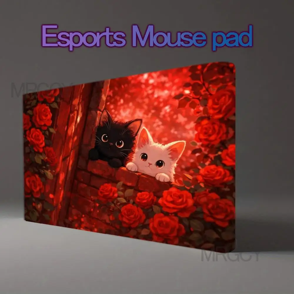Cute Black White Kittens Large Mouse Pad XXL Red Rose Flower Brick Wall Warm Romantic Cartoon Cat Art Anti‑Slip Rubber Desk Mat