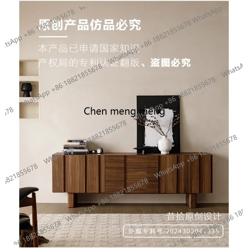 Medieval solid wood veneer TV cabinet Walnut veneer simple living room high floor cabinet