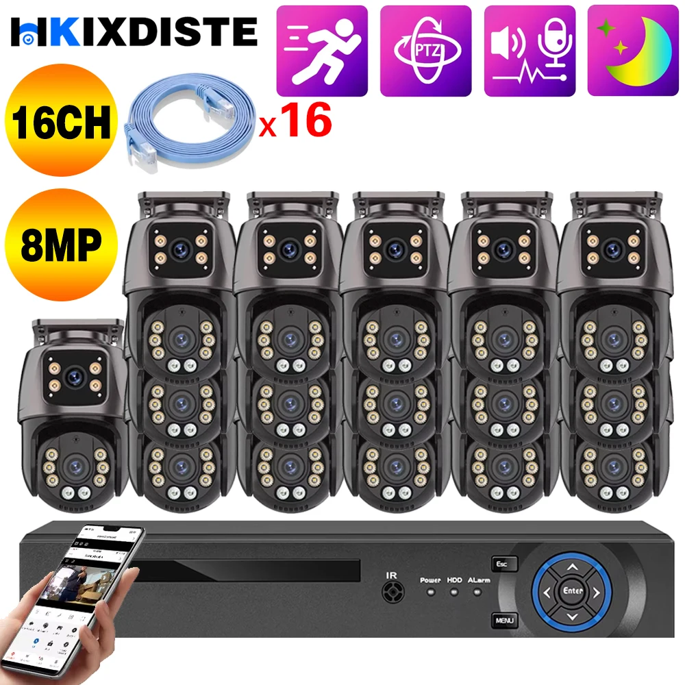 Xmeye 16CH 8MP POE Safety System With 8MP Dual Lens Dual Screen PTZ IP Camera Outdoor 2-Way Audio 4K NVR Kit Color Night Vision
