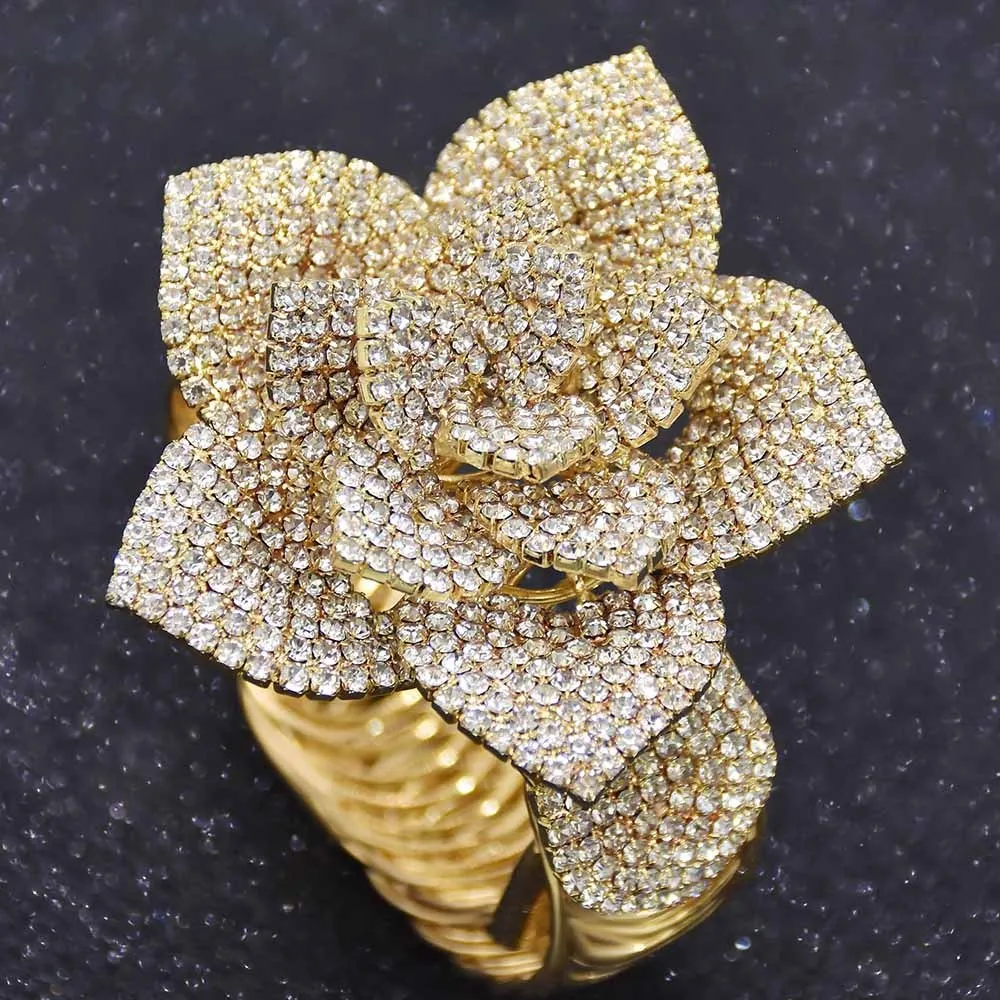 Women\'s Exaggerated Gold Hollow Flower Wide Bracelet Party Jewelry Gift Rose Gold Silvery Color Bangle for Women Party Dance