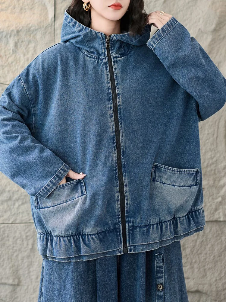 Amax LuluE 日本製ヴィンテージ風ルーズフード付きデニムジャケット レディース 2026 ファッション クラシック 無地コート レディース カジュアル オーバーサイズ アウターウェア
