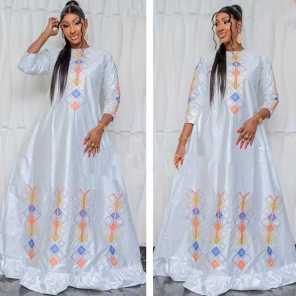 

2024 Large Size Bazin Riche Evening Gowns For Traditional Wedding Party Clothing Bazin Riche Dashiki Robe White Long Dresses