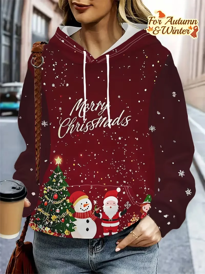 Women casual loose long sleeve kangaroo pocket hooded sweatshirt 3D fun cartoon Christmas snowman element print casual Pullover