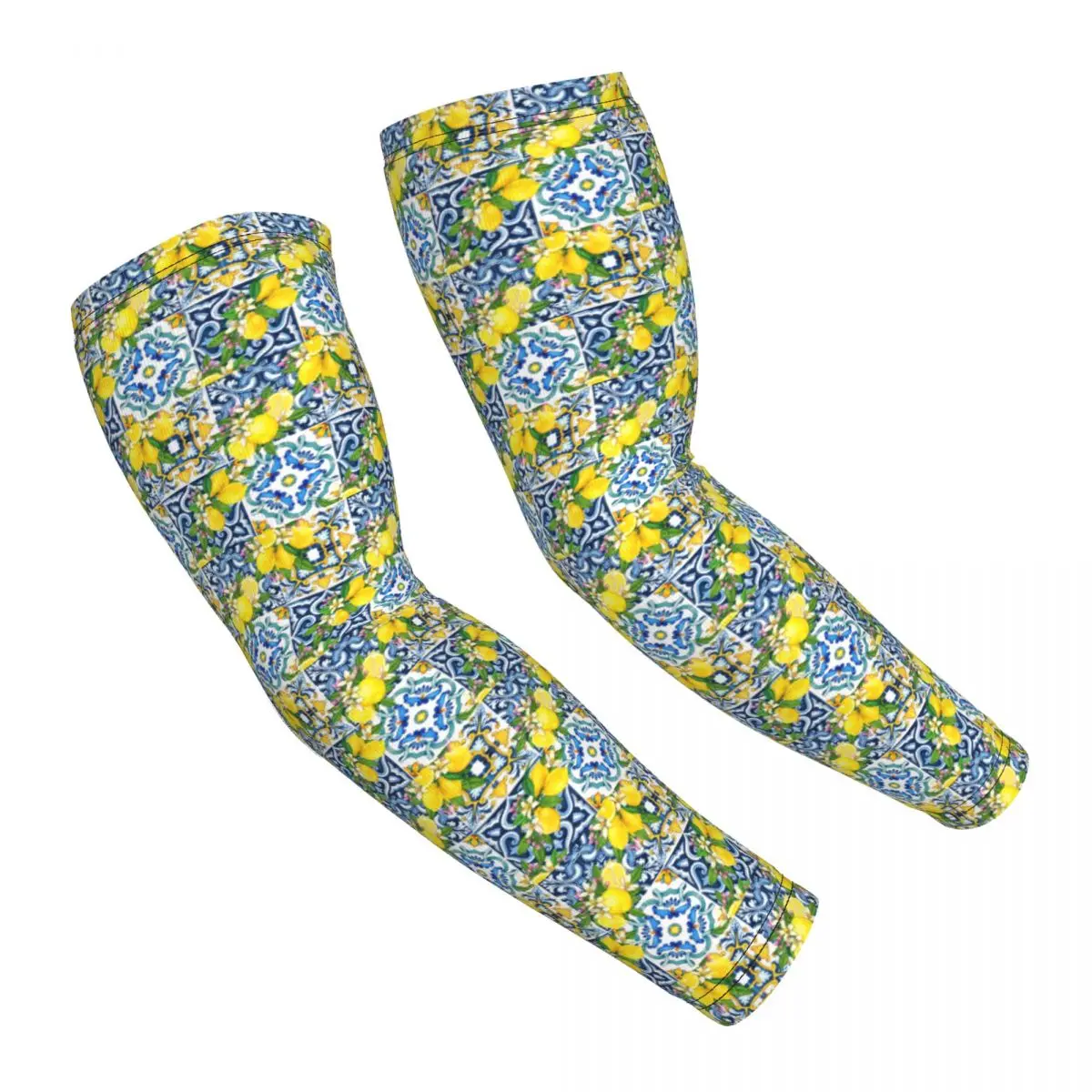 بلاط صقلية لامع للبحر الأبيض المتوسط مع أكمام أذرع تبريد من الحمضيات والليمون للرجال والنساء للحماية من الأشعة فوق البنفسجية لتغطية الوشم وركوب الدراجات الرياضية