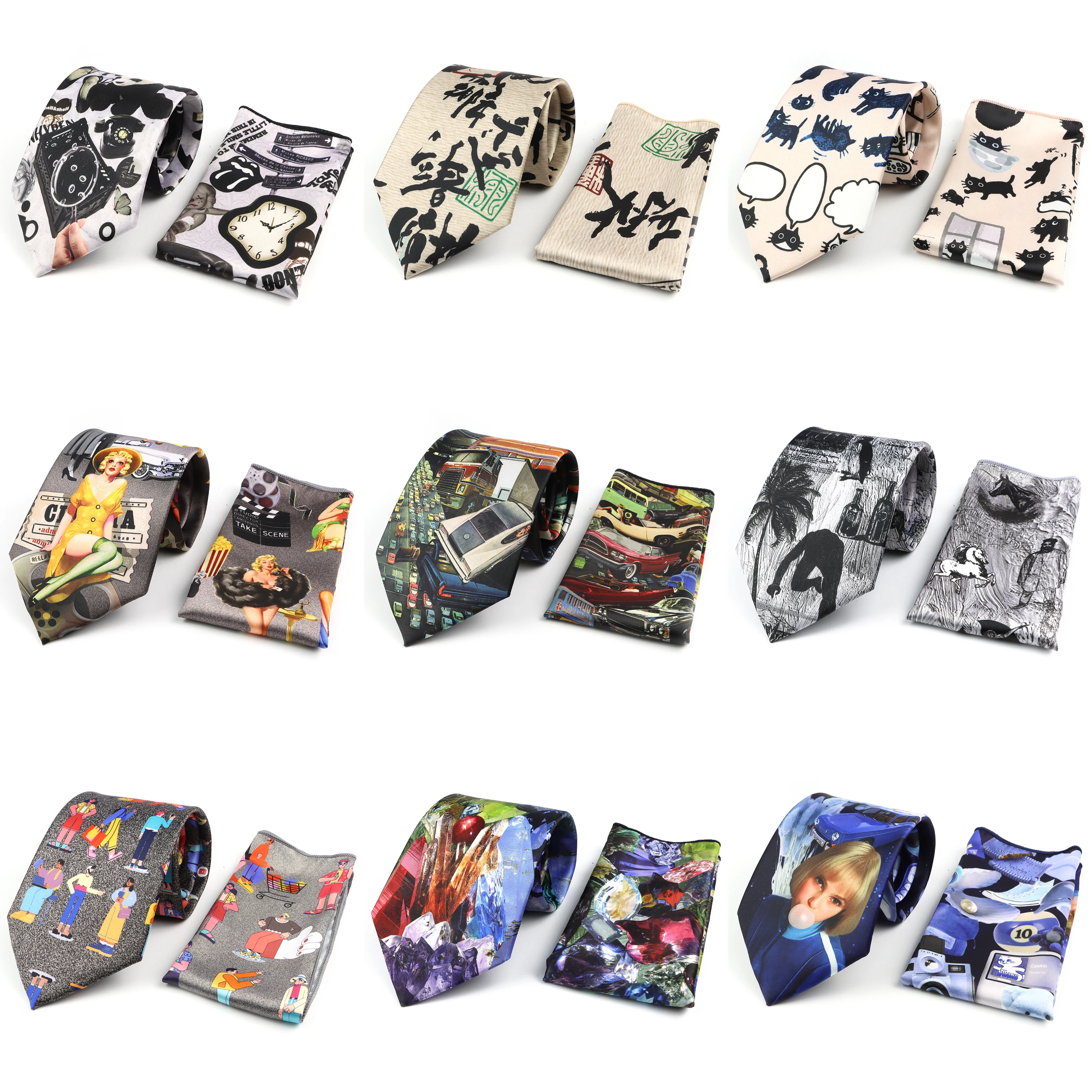 

Vintage Art Oil Graffiti Print Tie Pocket Square Set Imitation Silk Necktie Suit Shirt Wedding Party Groom Cravat Accessory