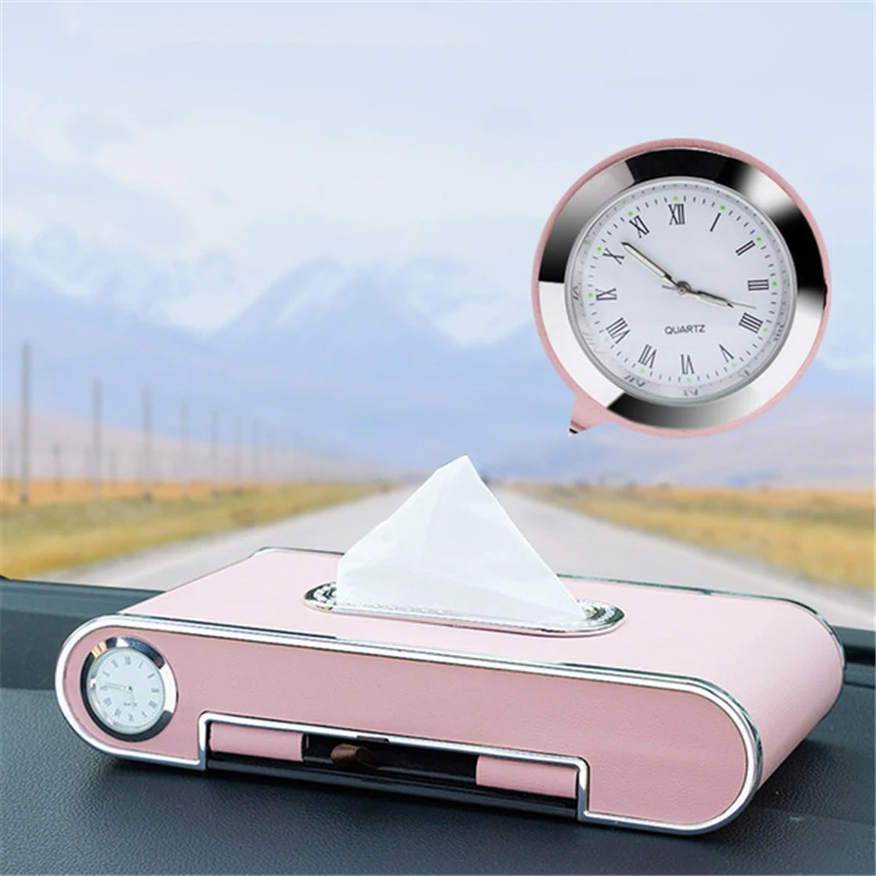 PU Leather Car Tissue Box Holder Car Sun Visor Temporary Parking Card Phone Number Card Plate Car Phone Holder with Clock