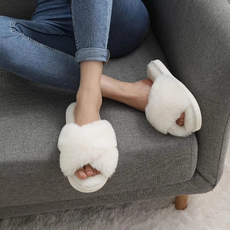 Women's Fuzzy Slippers Cross Band Soft Plush Cozy House Slippers Open Toe Indoor Outdoor Non Slip Autumn Winter Warm Floor Shoe