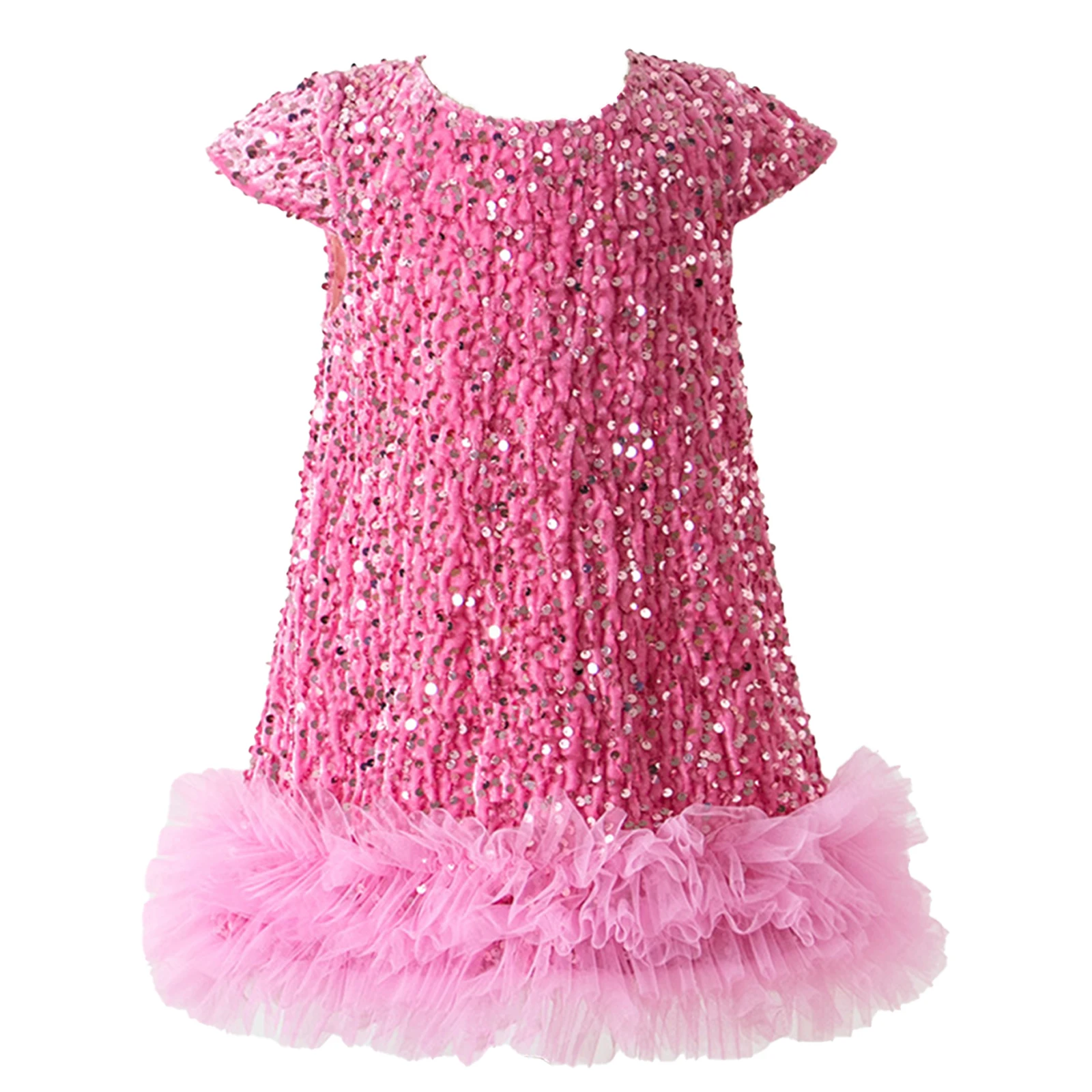 Girls Christmas Dress Cute Sweet Cosplay Princess Dress Sleeve Glittery Sequin Mesh Gown for New Year Party Performance Costumes