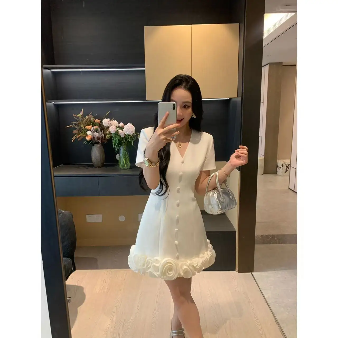 

Костюм XIN White Tower Rose Summer V-ne с 3D-цветами, утягивающий талию, с коротким рукавом, из полиэфирного волокна, модный комплект