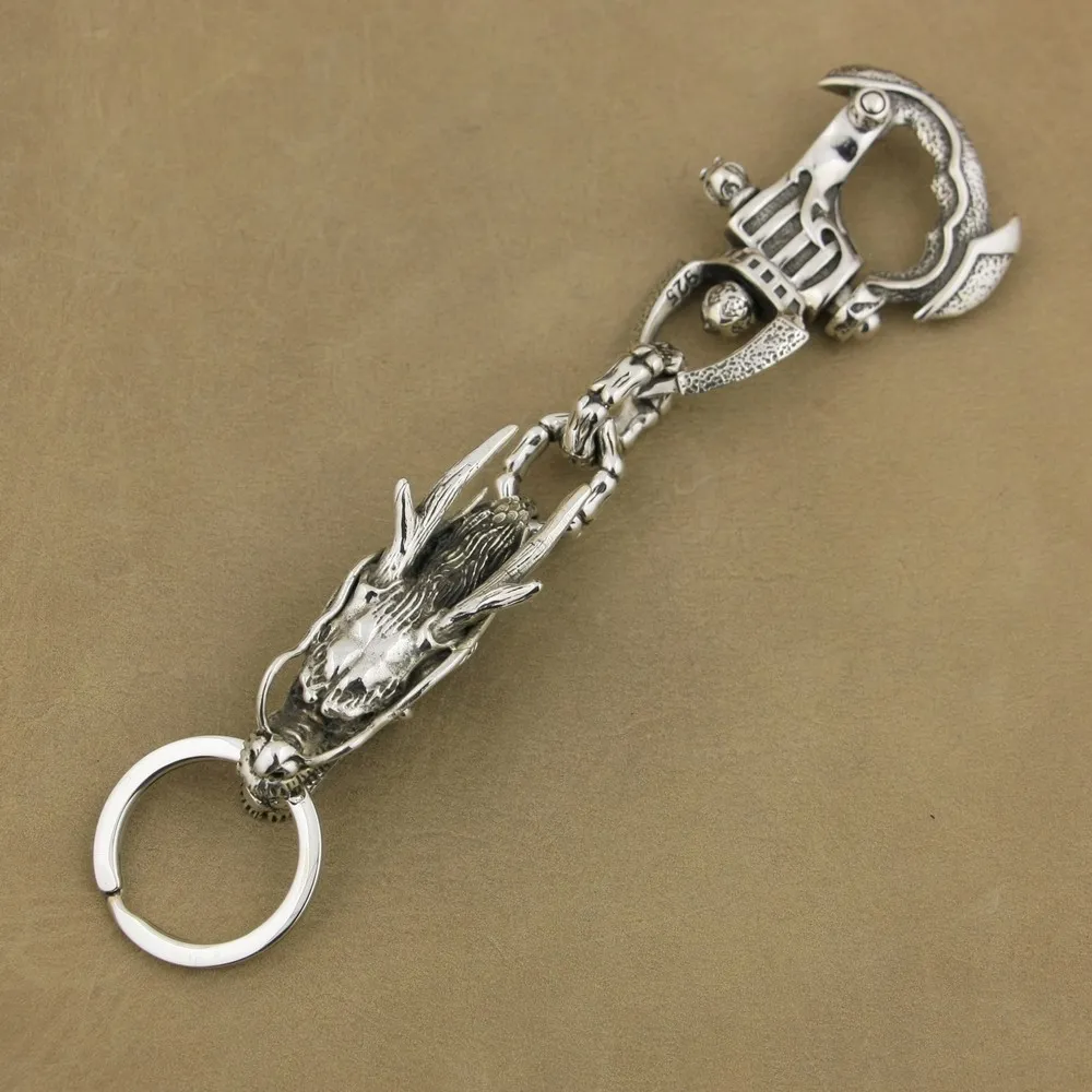 925 Sterling Silver Heavy Armor Clasp KeyRing Biker Dragon Keychain Punk DIY Accessory 8J025