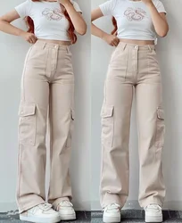 Pantalones de pierna ancha para mujer, ropa de calle plana, ajustada, con cremallera, bolsillos, cintura media, hasta el tobillo, Color sólido, Otoño, 2024