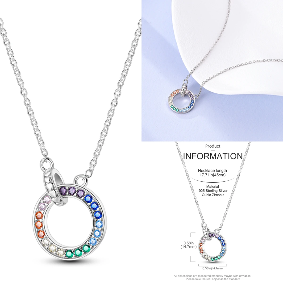 

Original 925 Sterling Silver Colorful Circle Double Ring Necklace Zirconia Crystal Jewellery Birthday Wedding Anniversary Gift