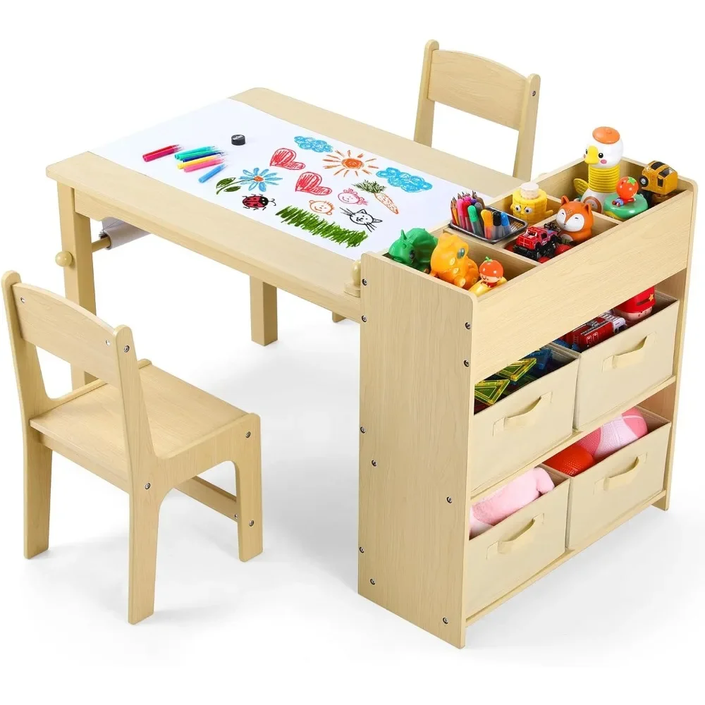 

Kids Art Table and 2 Chairs, Toddler Craft Drawing Desk with Large Storage Shelves, 4 Storage Bins and Paper Roll