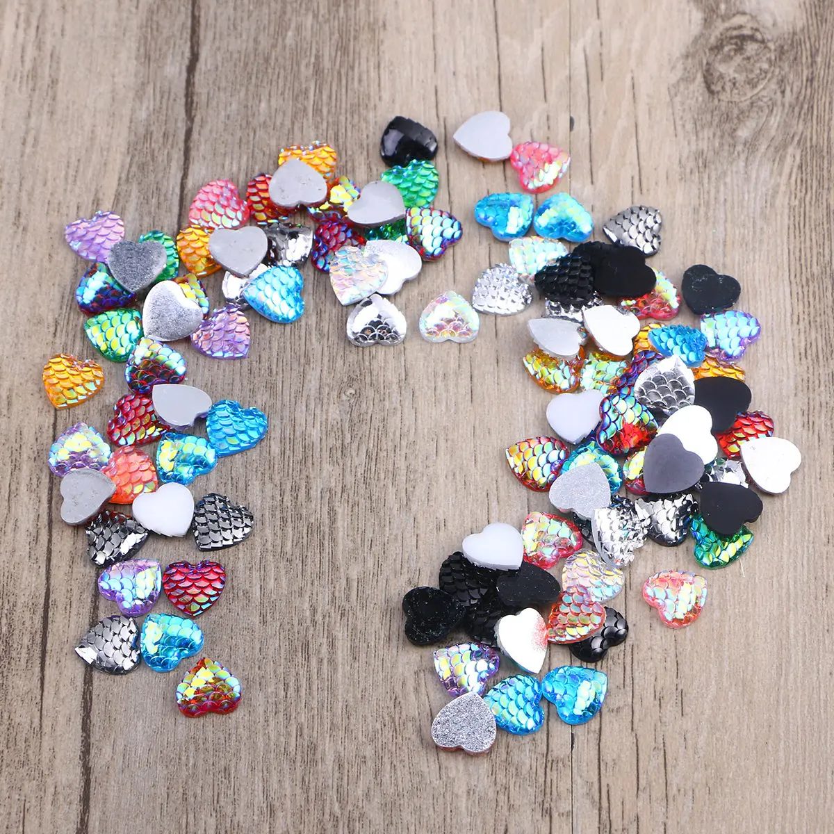 100Pcs Resin Drill Stickers 12Mm Iridescent Heart Mermaid Cabochons for DIY Jewelry Making Scrapbooking Planner Decor Crafts