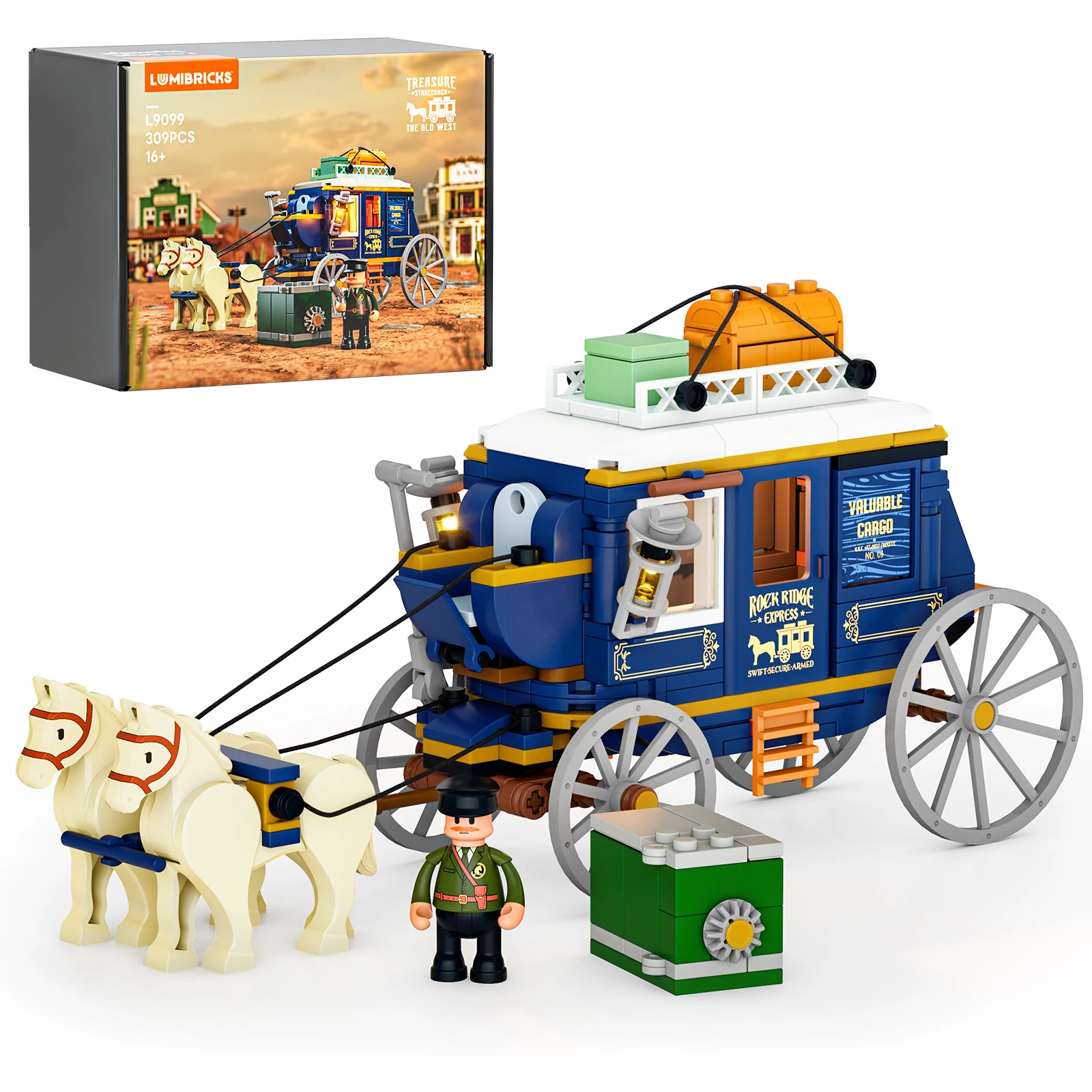 

FUNWHOLE Western Treasure Stagecoach Lighting Набор строительных блоков - Old West Carriage and Horse 307 шт. Набор коллекционных дисплеев