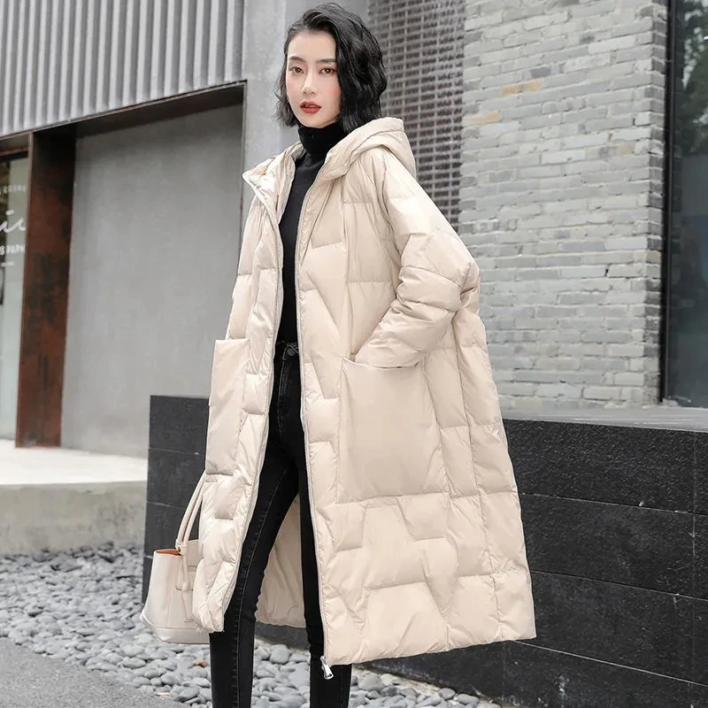 Women\'s Down Coat 2023 Winter White Duck Down Jacket Women Thick Warm Puffer Parkas Long Hooded Down Overcoat Female Basic Coats