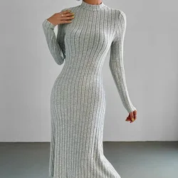 Women's 2024 autumn new casual mid length dress, European and American slim fit solid color knitted long sleeved dress