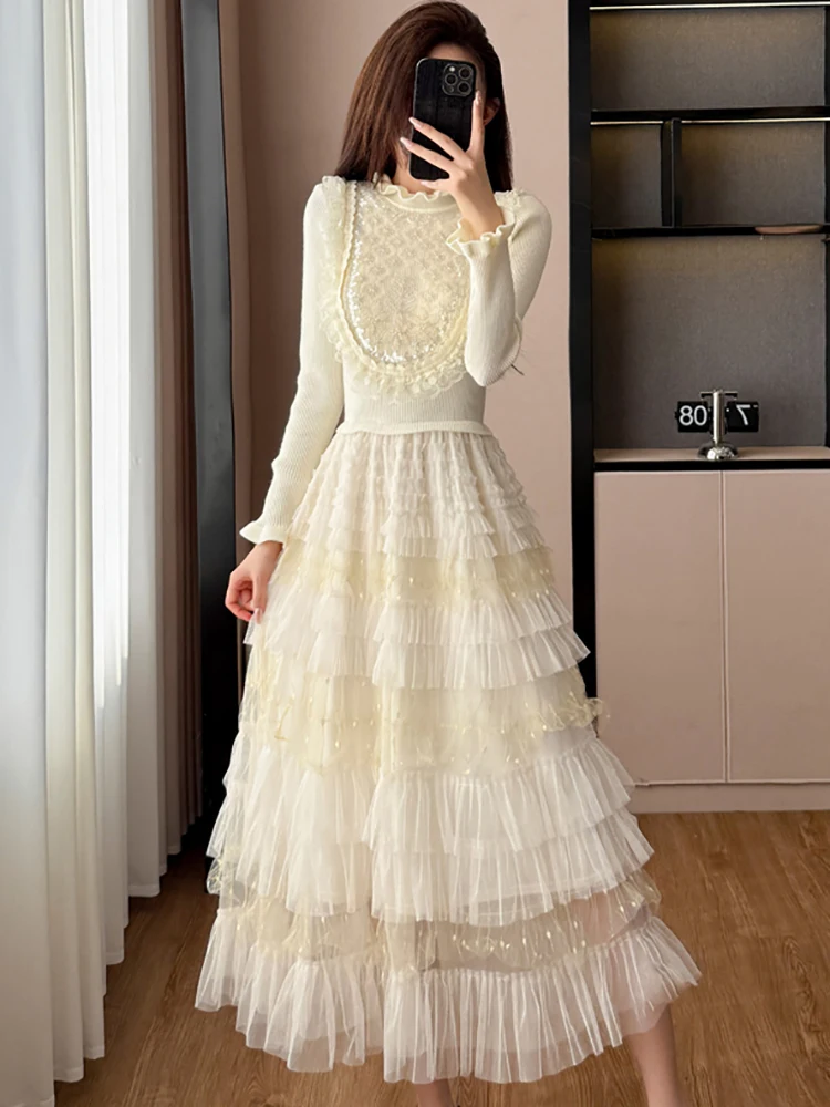 

Autumn Winter Fahsion Knitted Patchwork Mesh Ruffled Dress Women Elegant Luxury Lace Jacquard Dress 2025 Korean Bodycon Vestidos