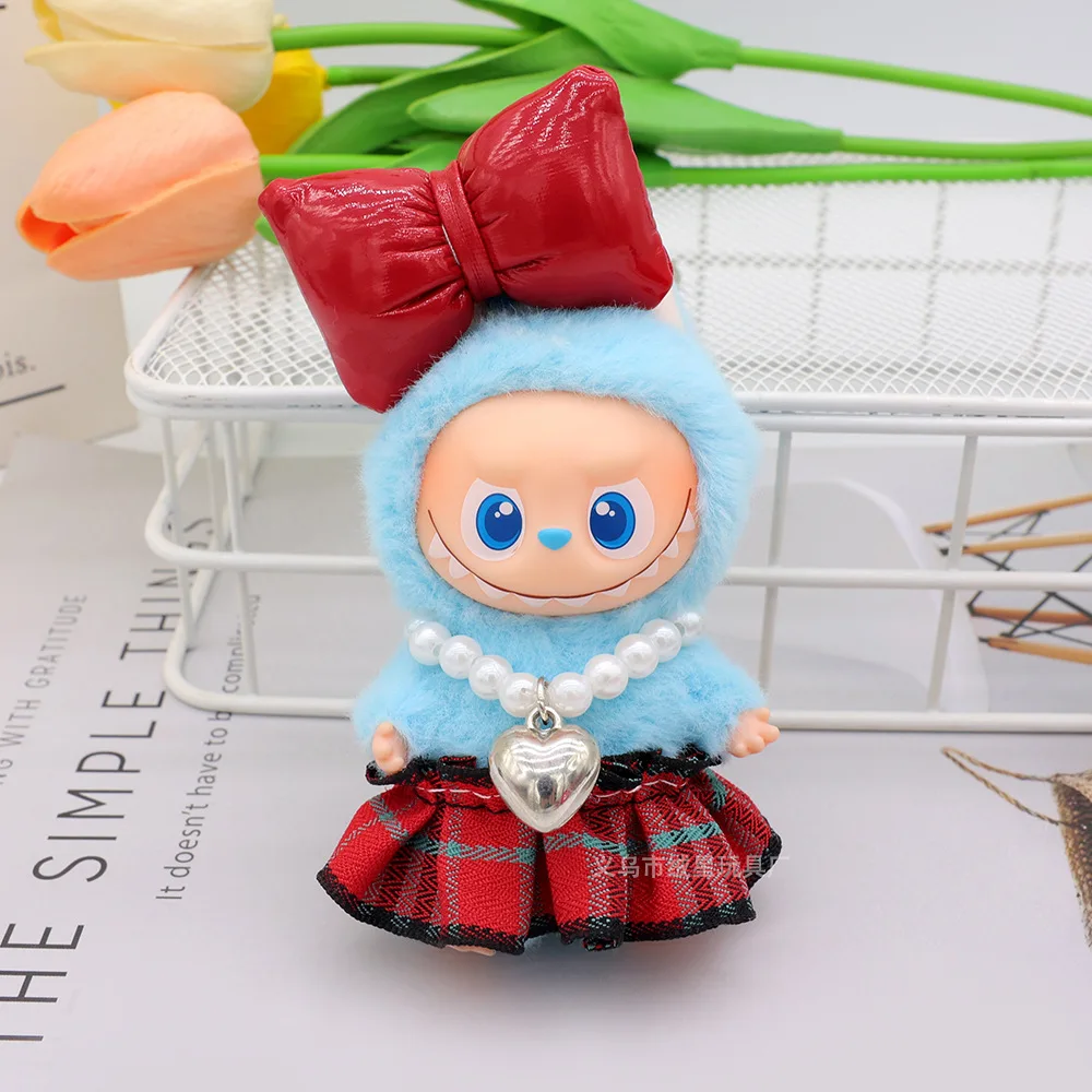 Vêtements de poupée pour poupées Labubu 4e génération 4.0, 10cm, jupe en Tulle à carreaux à pois avec nœud, accessoires pour cheveux, petit cadeau mignon