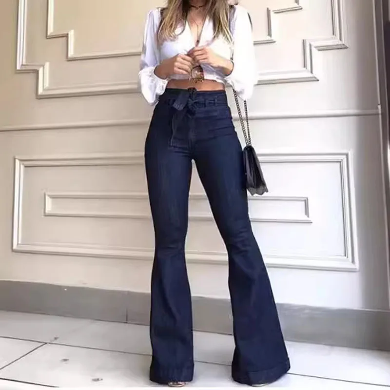 Women's High-Waisted Tummy Control Butt Lifting Tie-Waist Flared Jeans Wide-Leg Denim Pants with Pocket Details