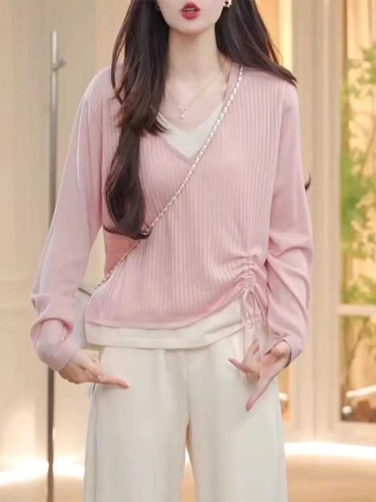 

Faionable Knitted Sweater Women's Long Sve Fake Two-Piece Spring New Arrival plus Size Beautiful Top Korean Sle Straig...