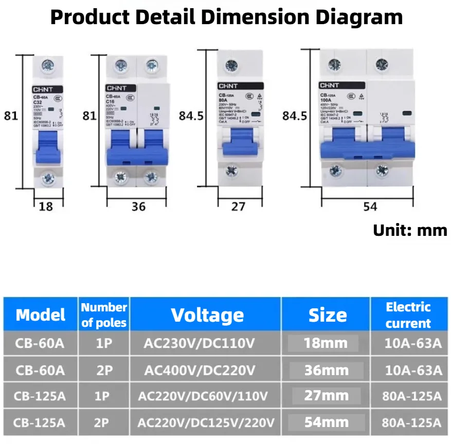 CHINT AC DC Miniature Circuit Breaker CB-60A CB-125A For Solar Photovoltaic Communication Energy Storage RV 1P 2P 110V 220V