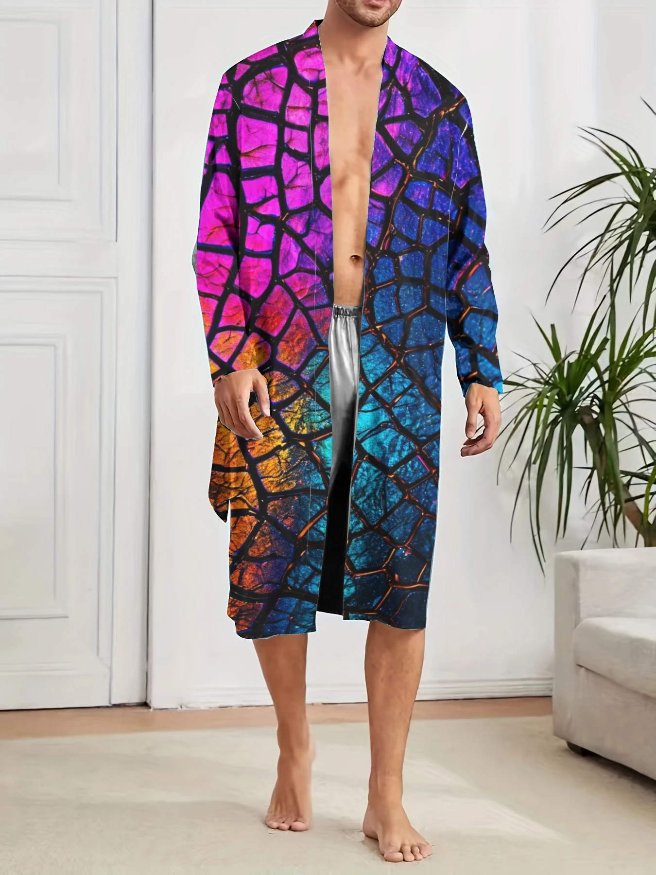 Men's fun pajamas with trendy digital prints for home use, men's spring and autumn casual robes, quick drying.