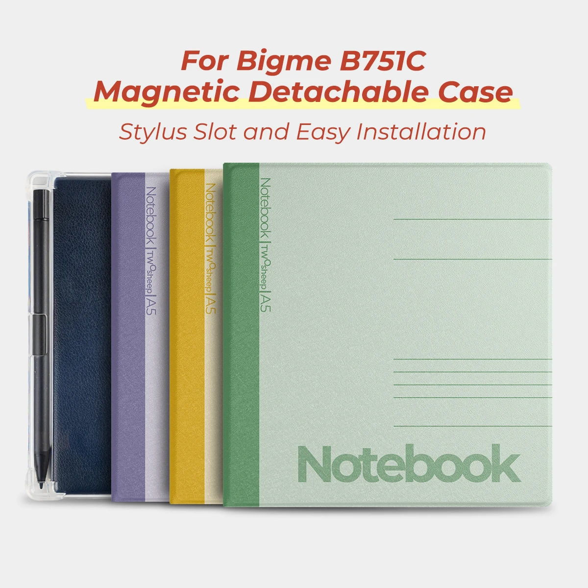 Twosheep Magnetic Detachable Case for Bigme B751C 7-inch Soft TPU Cover with Stylus Holder Auto Sleep Wake Notebook Style