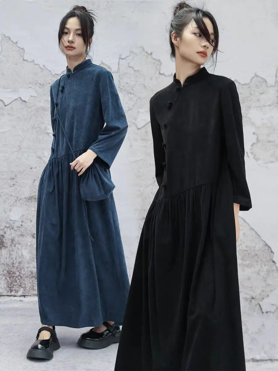 

Весенне-осеннее модное вельветовое платье в китайском стиле с длинными рукавами, женское платье, повседневное свободное зимнее женское платье большого размера F488