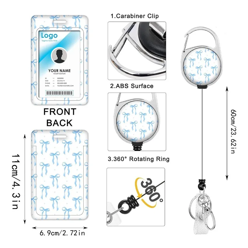 ID Badge Holder with Extendable Scroll Cute Pink Blue Bow Detachable Lanyard for Girl Women's Beauty Card Cover Office Supplies