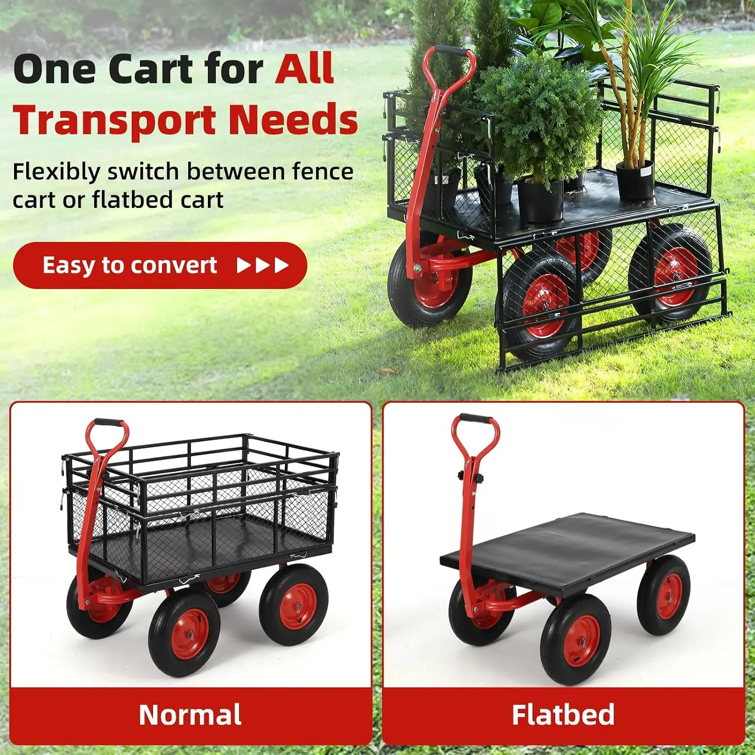 1400Lbs Heavy Duty Steel Garden Cart Wagon Metal Yard Utility Removable Mesh Sides 2 In 1 180 Rotating Handle 16 Inch Wheels Far