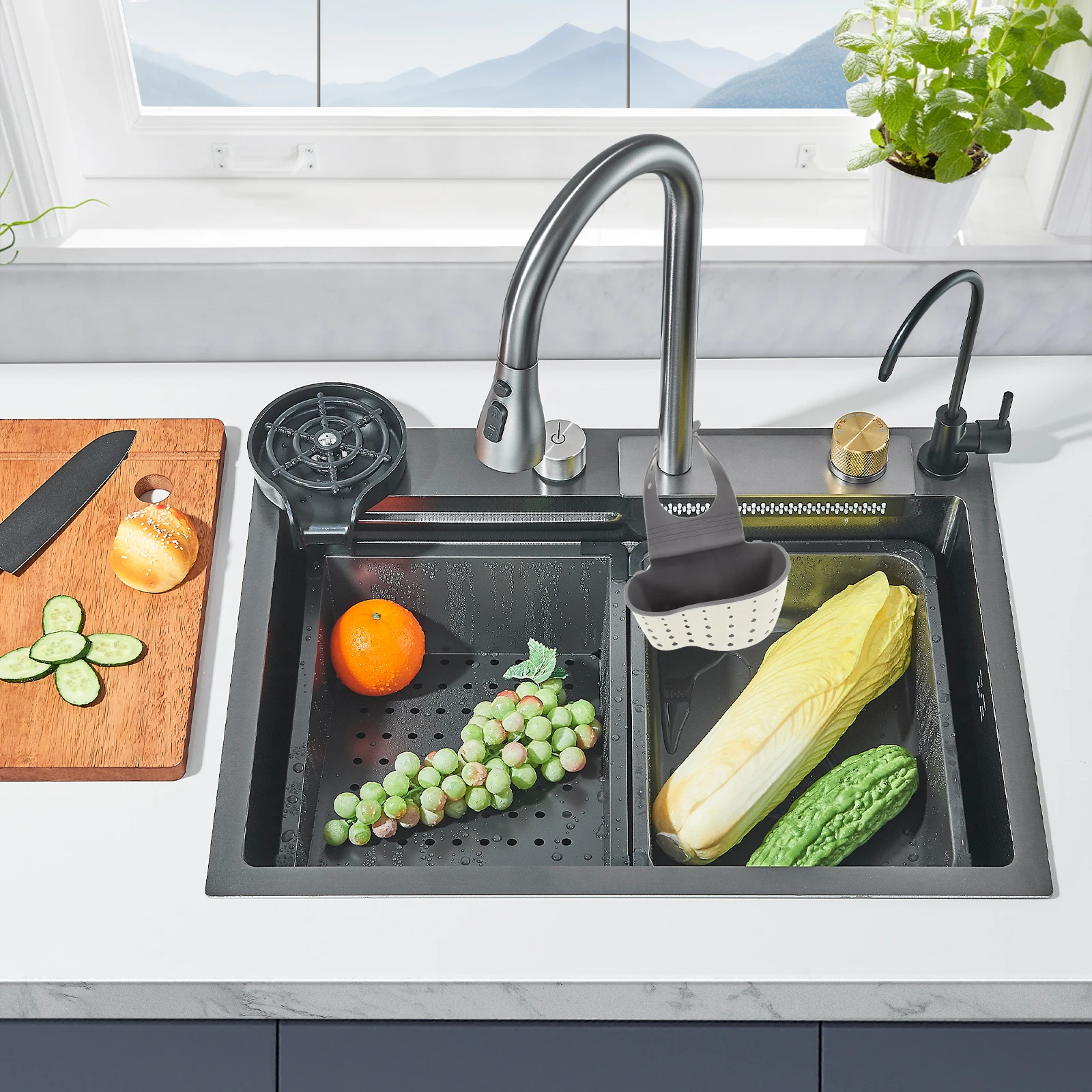 

3pcs Sink Hanging Drain Basket Double Layer Kitchen Organizer Adjustable Faucet Storage For Sponge Brush Peeler Washable