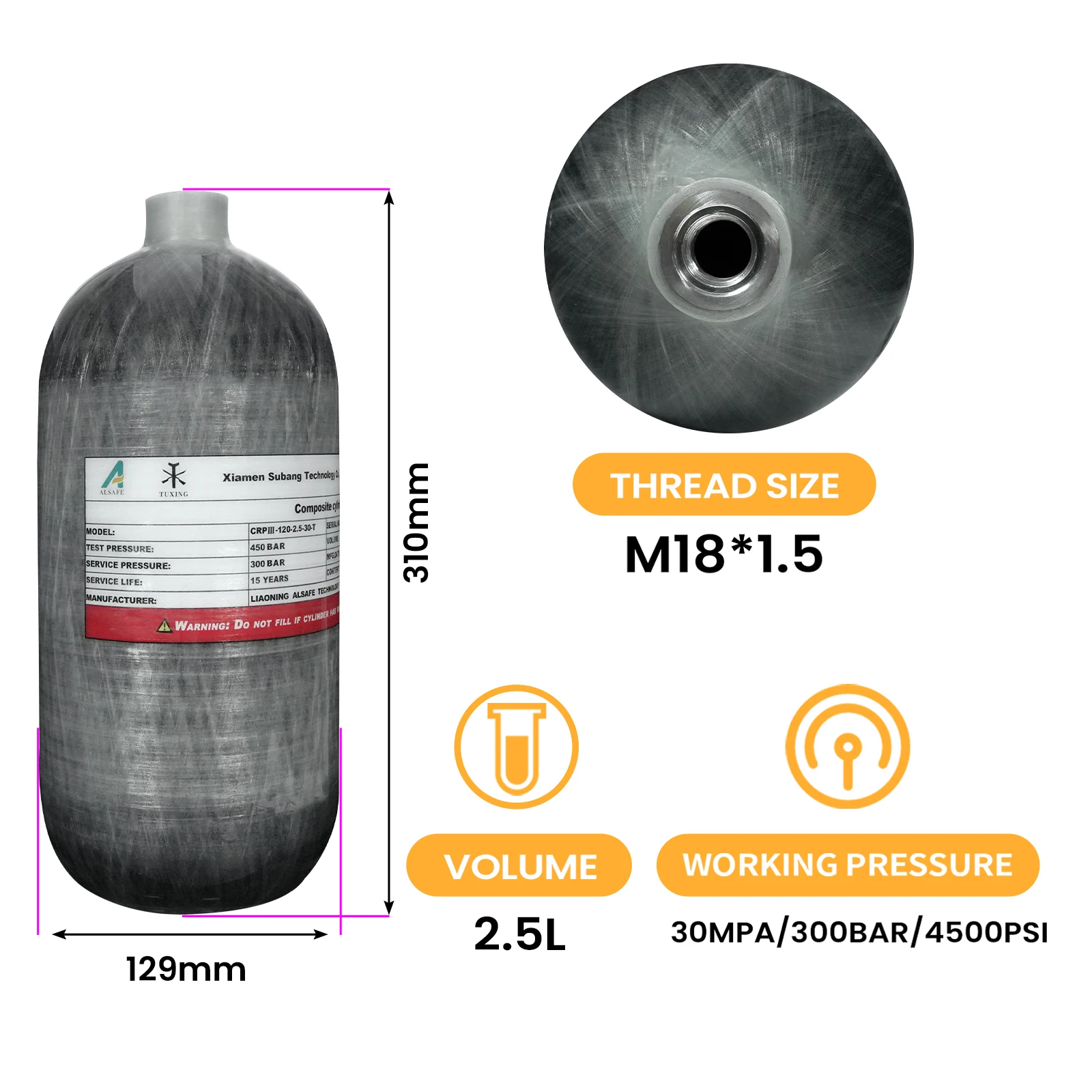 Imagem -02 - Tuxing 300bar 4500psi 2.5l Cilindro de Fibra de Carbono Cilindro o com Válvula Reguladora Tanque Hpa para Mergulho M18 1.5 de Alta Pressã