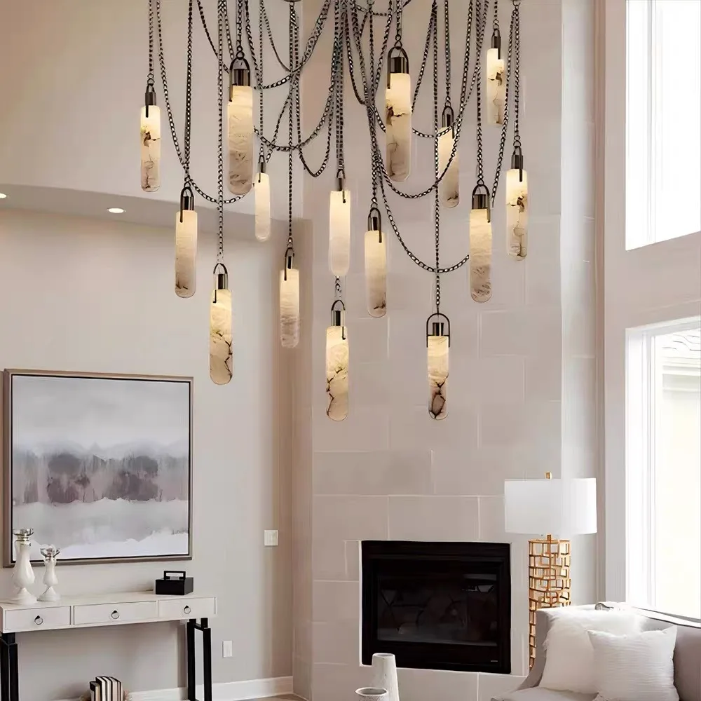 Modern Flint Multi-Drop Pendant Chandelier Light Cylinder Marble Hanging Lamp for Living Room Restaurant Loft Staircase Bedroom
