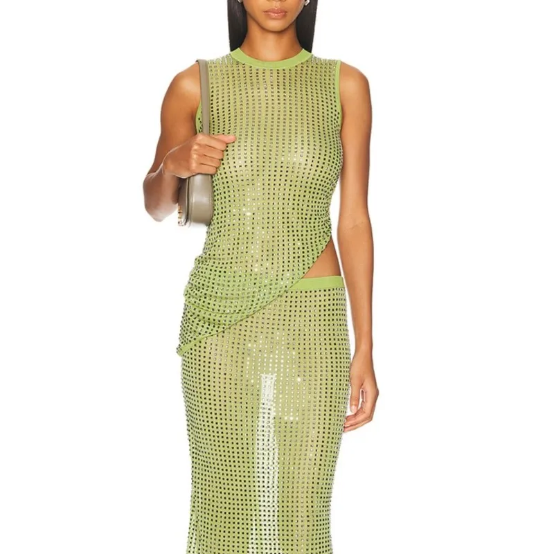 2025 Autumn New Dresses Stylish Lime Green Two-piece Set Sleeveless Top +  Mesh Midi Skirt Chic 2 Piece Outfit for Parties - AliExpress 200000345