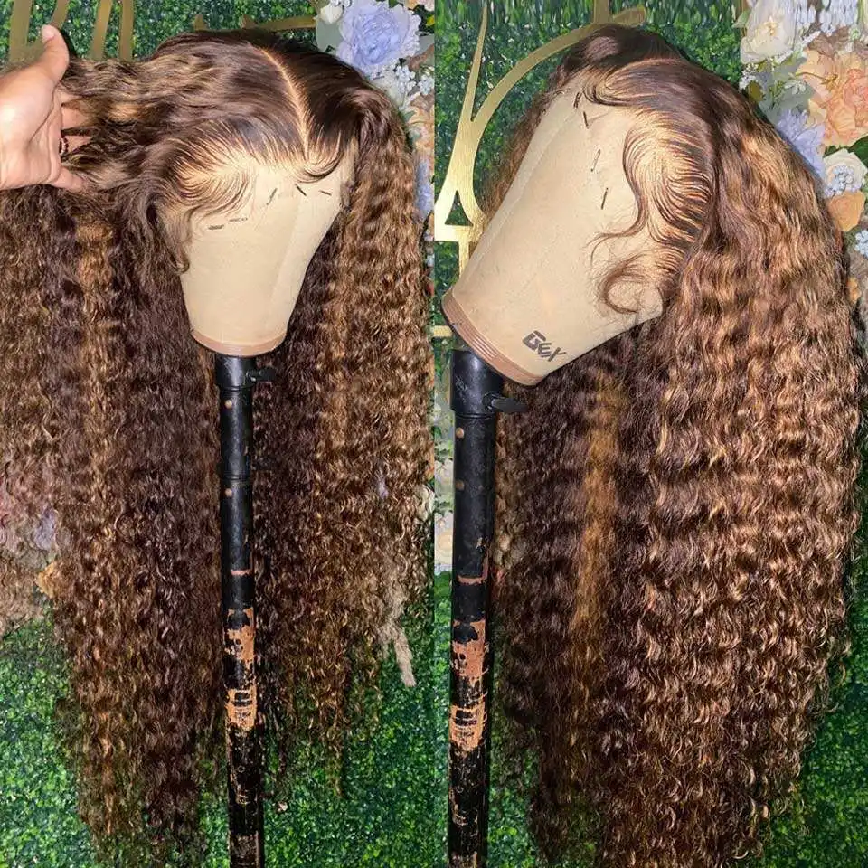 13x4 Highlight Wig Human Hair Wigs For Women Curly Honey Brown 30 Inch Ombre Colored Hd Water Deep Wave Lace Frontal Wig