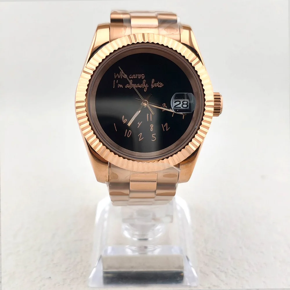 NH35 Watch Who Cares I'm Already Late Watch 36mm/39mm Rose Golden Text Matte Dial Sapphire Crystal Glass Automatic Movement