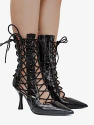 【Measure your feet length before order】Gladiator Luxry Designer Women High Heel Mid-Calf Boot Lace-up Party Lady Shoe 142-CHC-33