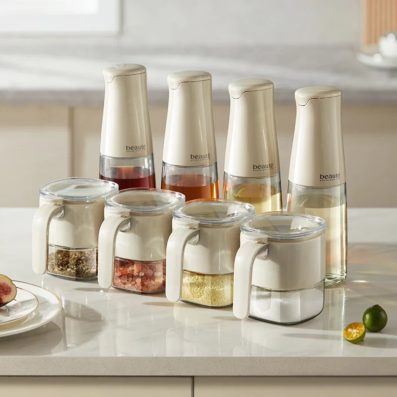 

Press Type Glass Oil Dispenser Set Kitchen Spice Bottle Sealed Condiment Container Salt Jar Storage
